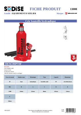 Equipement d'atelier - Levage - Cric hydraulique 8 T
